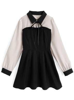 リボン付き配色フレアミニワンピース