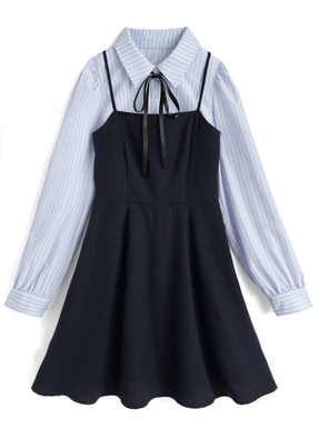 リボンタイ付きストライプ柄ショート丈シャツ×キャミソールミニワンピースセットアップ
