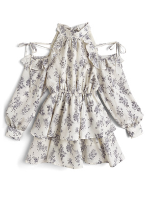 花柄ショルダーオープンアメスリティアードミニワンピース