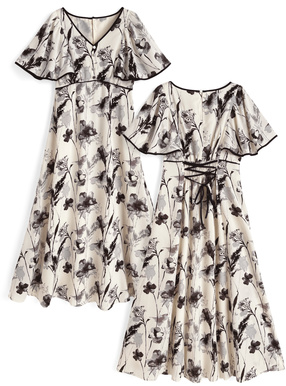 花柄パイピングバックレースアップワンピース