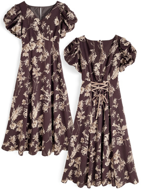 花柄バブルスリーブバックレースアップフレアワンピース