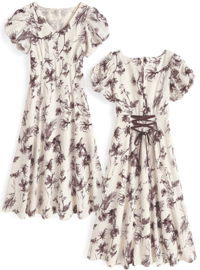 花柄バブルスリーブバックレースアップフレアワンピース