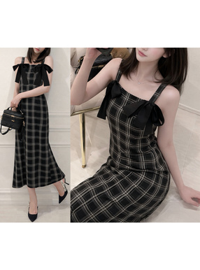 チェック柄ダブルリボンキャミソールワンピース