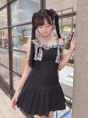 チェック柄ダブルリボンプリーツミニワンピース