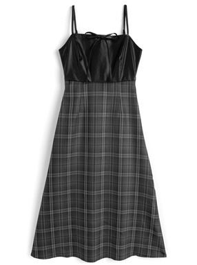 チェック柄レザーリボンキャミソールワンピース