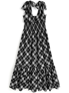 チェック柄ショルダーリボンシャーリングワンピース