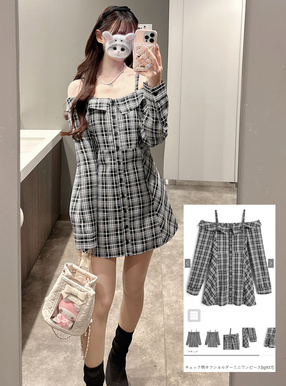 チェック柄オフショルダーミニワンピース