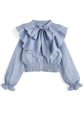 ストライプ柄ボウタイフリルブラウス