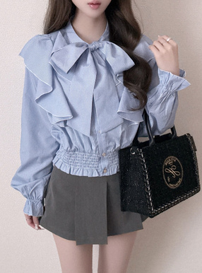 ストライプ柄ボウタイフリルブラウス