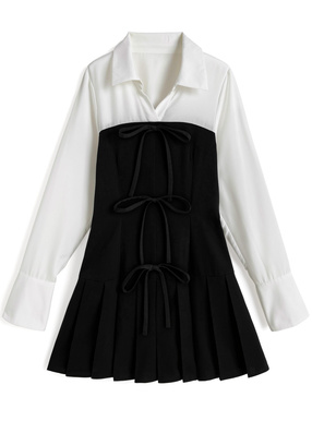 シャツドッキングリボンプリーツミニワンピース