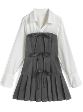 シャツドッキングリボンプリーツミニワンピース