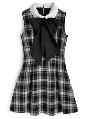 ボウタイ付きチェック柄ノースリーブミニワンピース