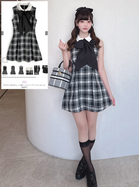 ボウタイ付きチェック柄ノースリーブミニワンピース