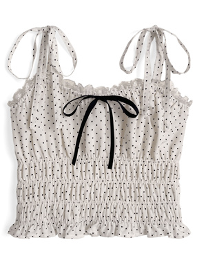 ドット柄ショルダーリボンシャーリングキャミソールトップス