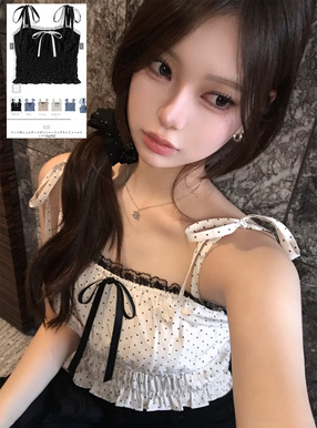 ドット柄ショルダーリボンシャーリングキャミソールトップス