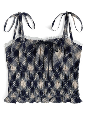 チェック柄ショルダーリボンシャーリングキャミソールトップス
