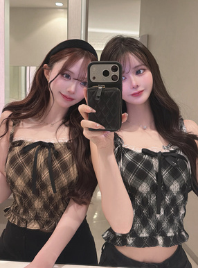 チェック柄ショルダーリボンシャーリングキャミソールトップス