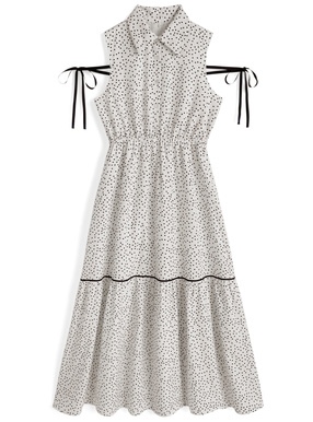 ドット柄リボンノースリーブシャツワンピース