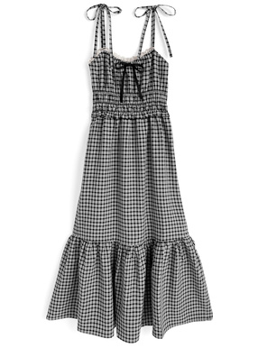 チェック柄ショルダーリボンシャーリングキャミソールワンピース