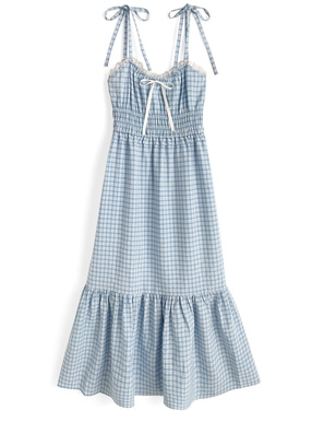 チェック柄ショルダーリボンシャーリングキャミソールワンピース