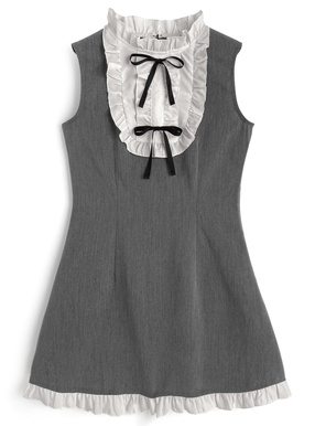 配色フリルリボンノースリーブミニワンピース