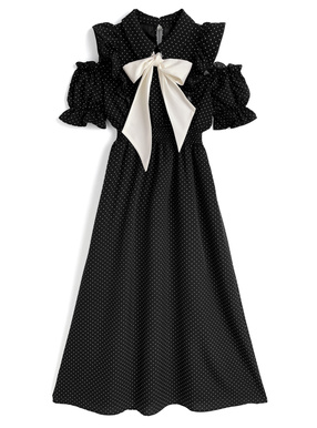 リボンタイ付きドット柄ショルダーオープンフリルワンピース