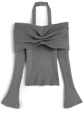 ホルターネックオフショルダーリブニットトップス