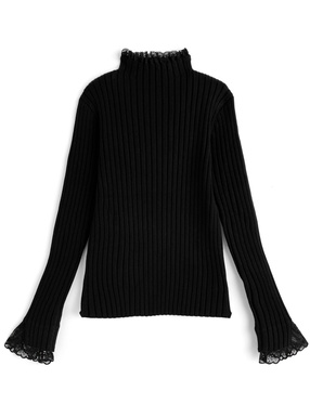 レースハイネックリブニットトップス