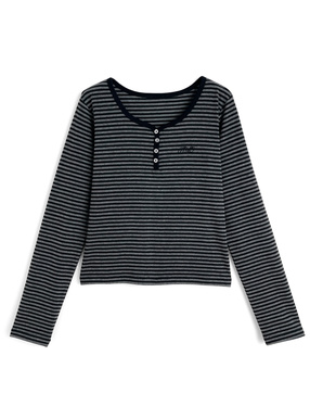 ロゴ刺繍ボーダー柄ヘンリーネックトップス