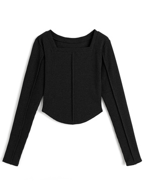 スクエアネックロングスリーブリブトップス