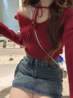 ビッグカラーオフショルダーリボンニットトップス