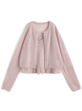 カーディガン×裾フリルキャミソールニットアンサンブル