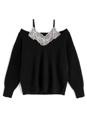 2WayVネックトップス×レースキャミソールニットアンサンブル
