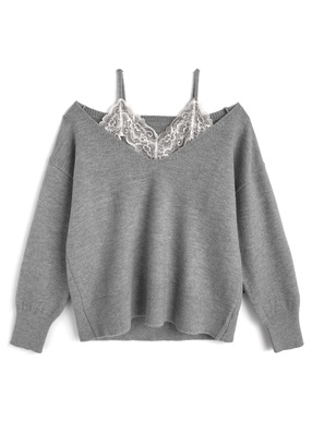 2WayVネックトップス×レースキャミソールニットアンサンブル