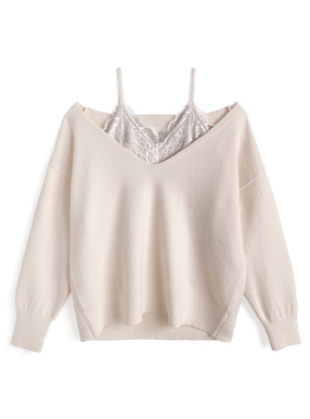 2WayVネックトップス×レースキャミソールニットアンサンブル