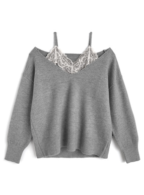 2WayVネックトップス×レースキャミソールニットアンサンブル