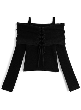 レースアップオフショルダーニットトップス