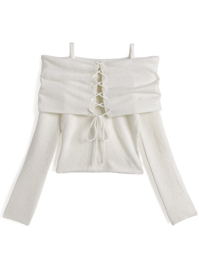 レースアップオフショルダーニットトップス