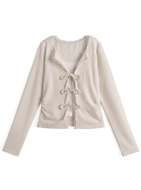 オープンカラーレースレイヤード風リボントップス