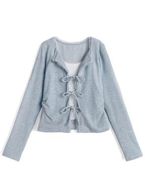 オープンカラーレースレイヤード風リボントップス