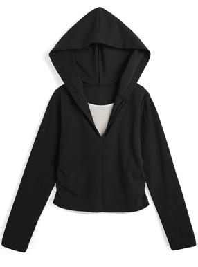 フード付きレイヤード風ハーフジップトップス