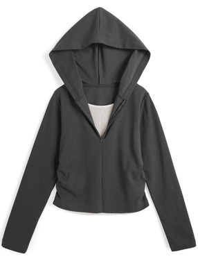 フード付きレイヤード風ハーフジップトップス