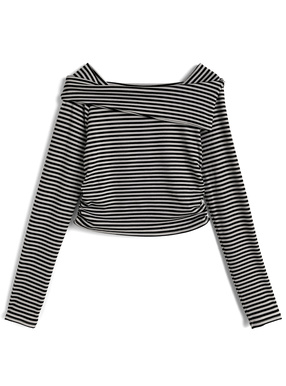 ボーダー柄ギャザーアシンメトリートップス