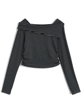 ボーダー柄ギャザーアシンメトリートップス