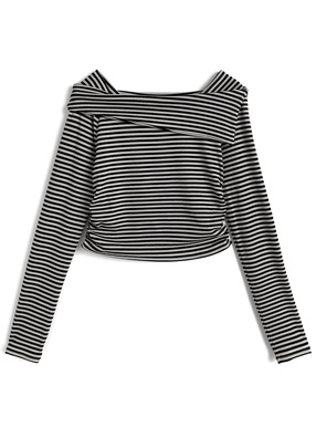 ボーダー柄ギャザーアシンメトリートップス