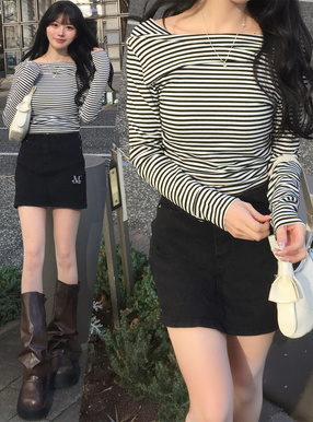 ボーダー柄ギャザーアシンメトリートップス