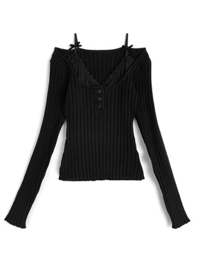 レースレイヤード風オフショルダーニットトップス