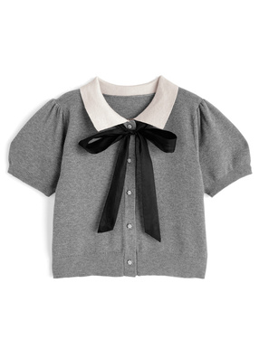 リボンタイ付きビジューボタンニットカーディガン