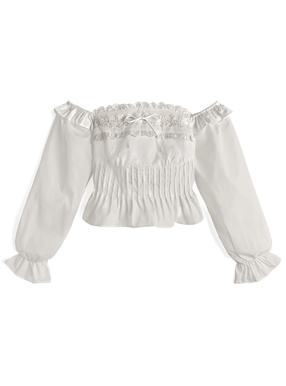 タックフリルレースリボンオフショルダーブラウス