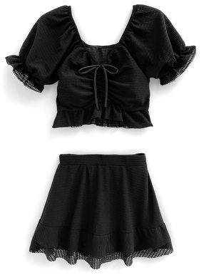 パフスリーブドロストリボンスカートビキニ水着